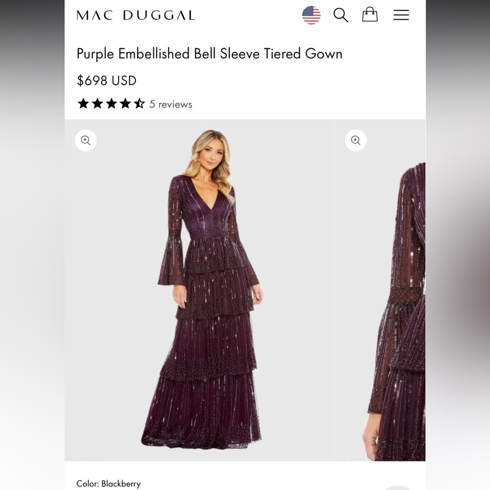Mac Duggal Purple Embellished Bell Sleeve Tiered Gown